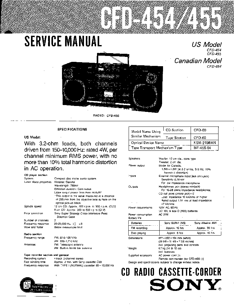 SONY CFD-454 455 SM service manual (1st page)