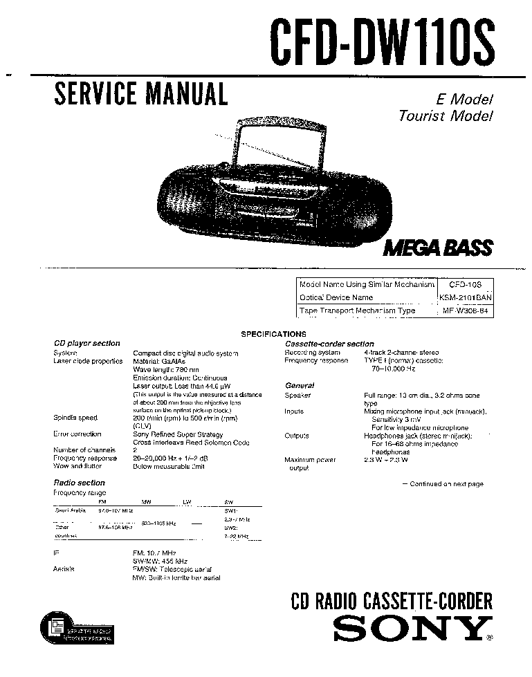 SONY CFD-DW110S SM service manual (1st page)
