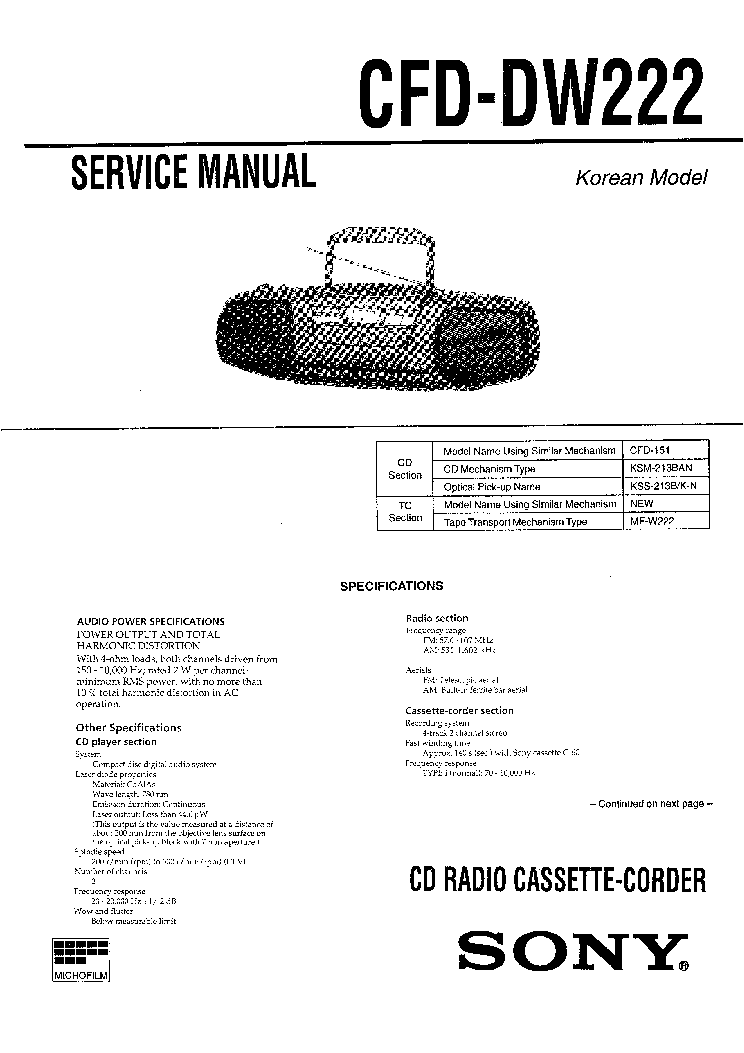 SONY CFD-DW222 KOREAN-MODEL SM service manual (1st page)