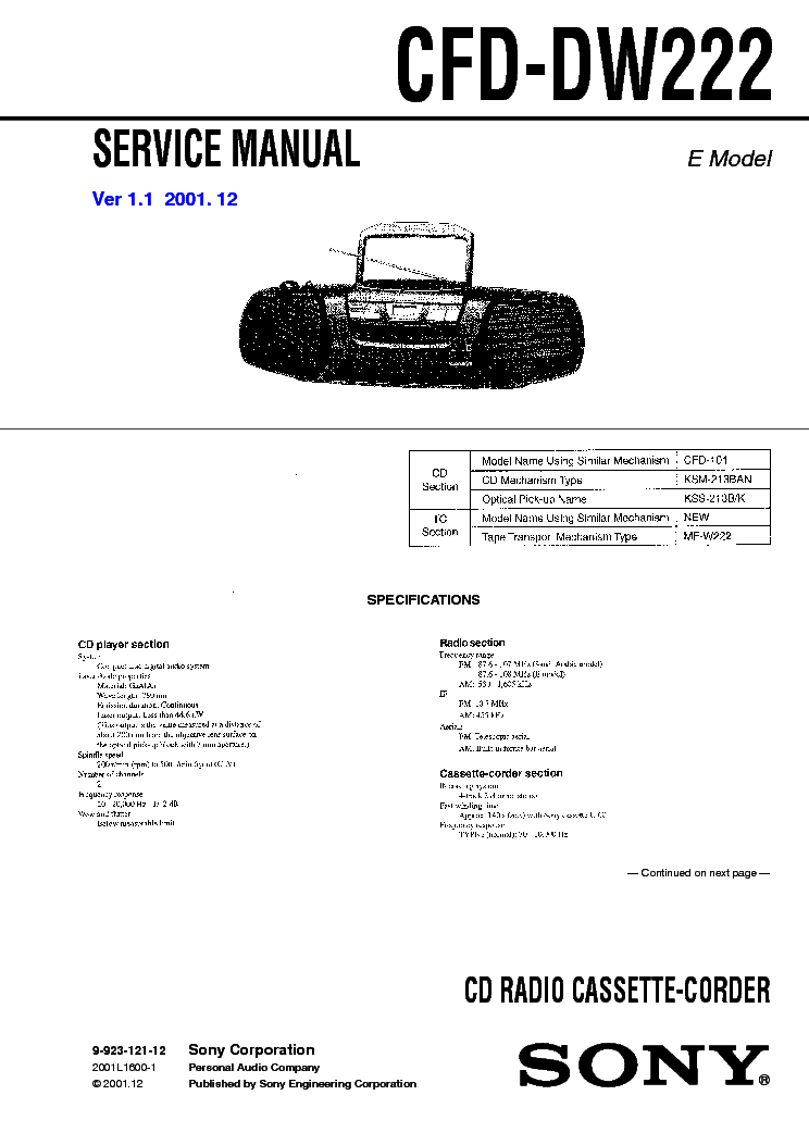 SONY CFD-DW222 VER-1.1 SM service manual (1st page)