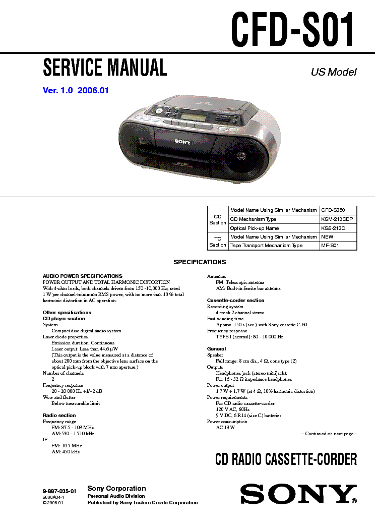 SONY CFDS01 VER1.0 SM Service Manual download, schematics, eeprom