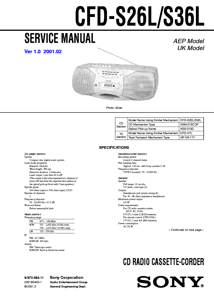 SONY CFD-S26L,S36L VER1.0 service manual (1st page)