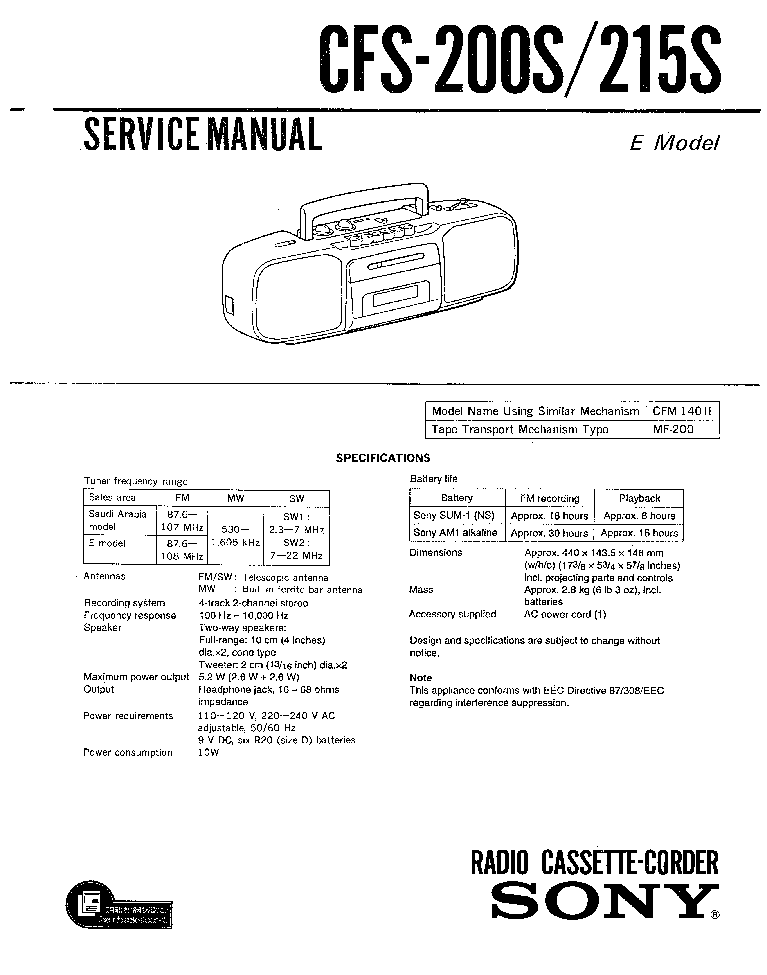 SONY CFS-200S,215S service manual (1st page)