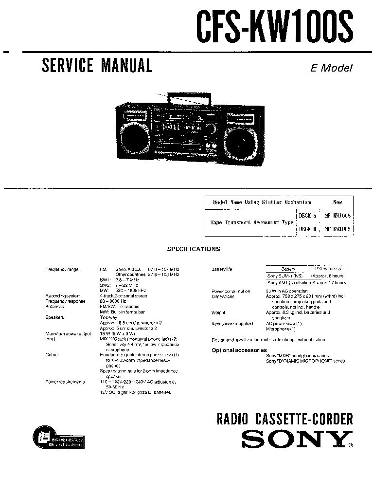 SONY CFS-KW100S SM service manual (1st page)
