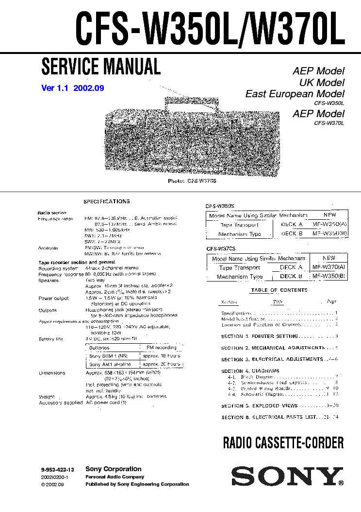 SONY CFS-W350L CFS-W370L VER.1.1 service manual (1st page)
