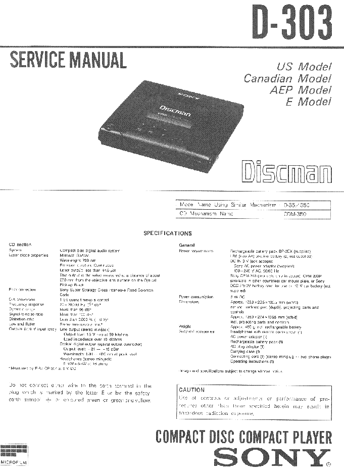 Sony D-303 Discman CD Player Manual