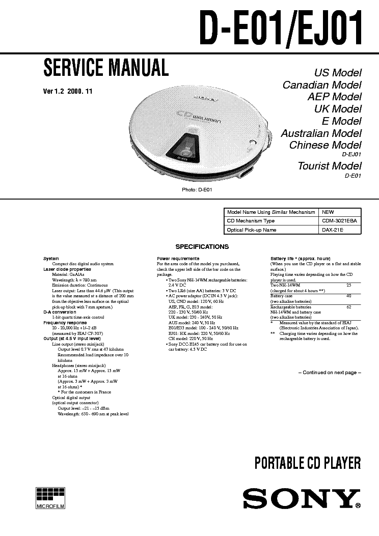 SONY D-E01,EJ01 VER-1.2 SM service manual (1st page)