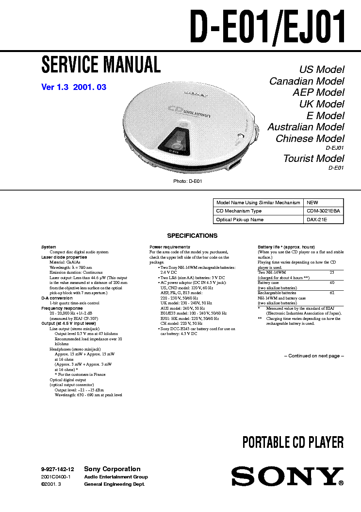 SONY D-E01,EJ01 VER-1.3 SM service manual (1st page)