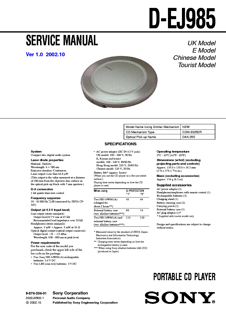 SONY D EJ985 VER1.0 Service Manual download schematics eeprom repair info for electronics experts