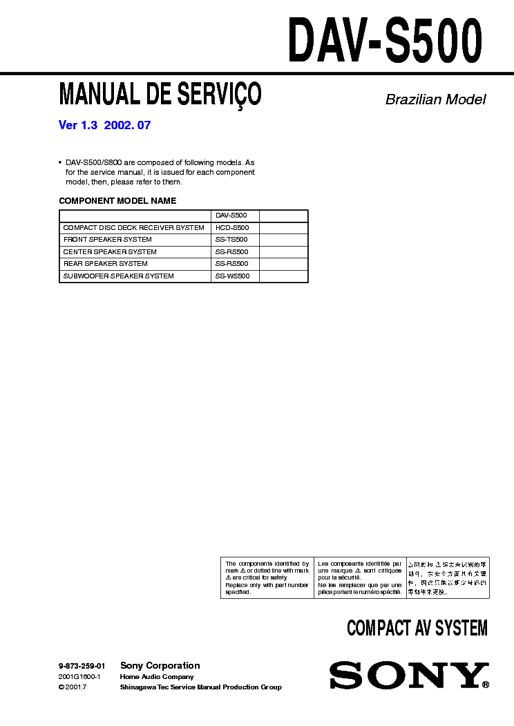 SONY DAV-S500 HCD-S500 VER1.3 service manual (1st page)