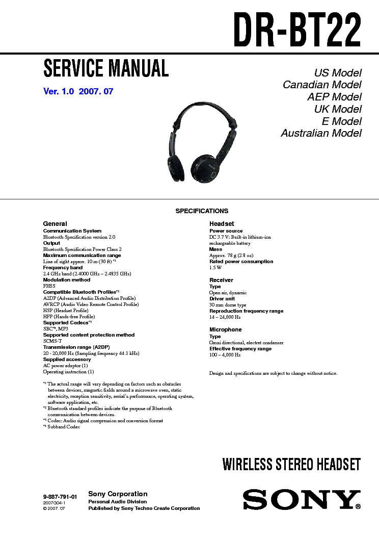SONY DR-BT22 VER.1.0 WIRELESS HEADSET service manual (1st page)