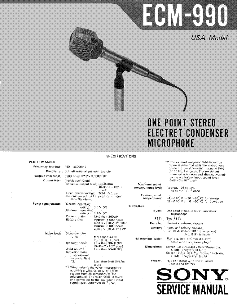 SONY ECM-990 CONDENSER MICROPHONE service manual