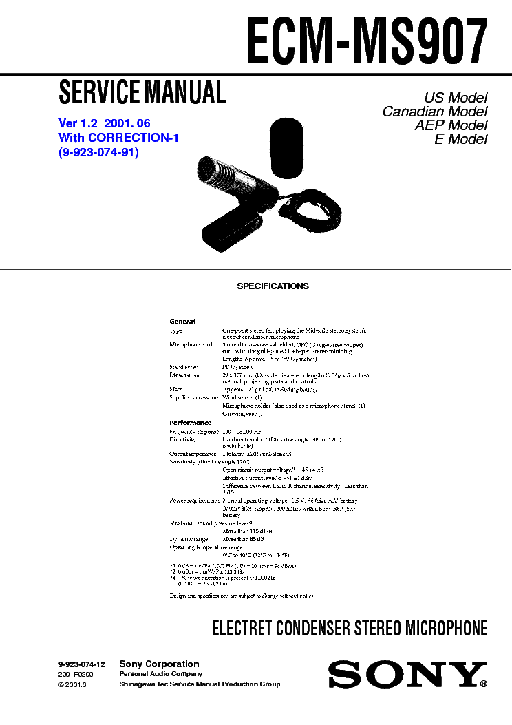 SONY ECM-MS907 VER1.2 service manual (1st page)