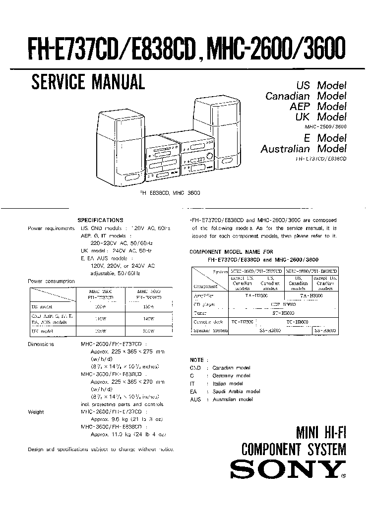 SONY FH-E737CD FH-E838CD MHC-2600 MHC-3600 PARTS service manual