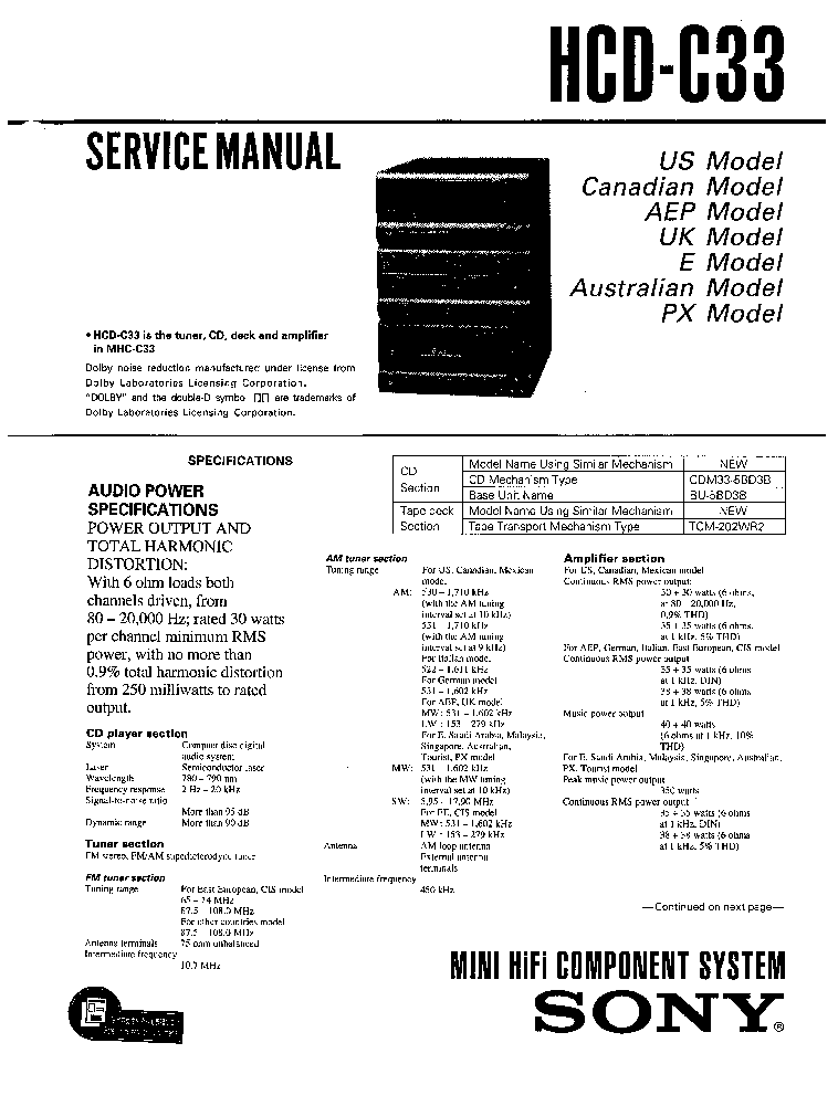 SONY HCD-C33 FULL service manual (1st page)