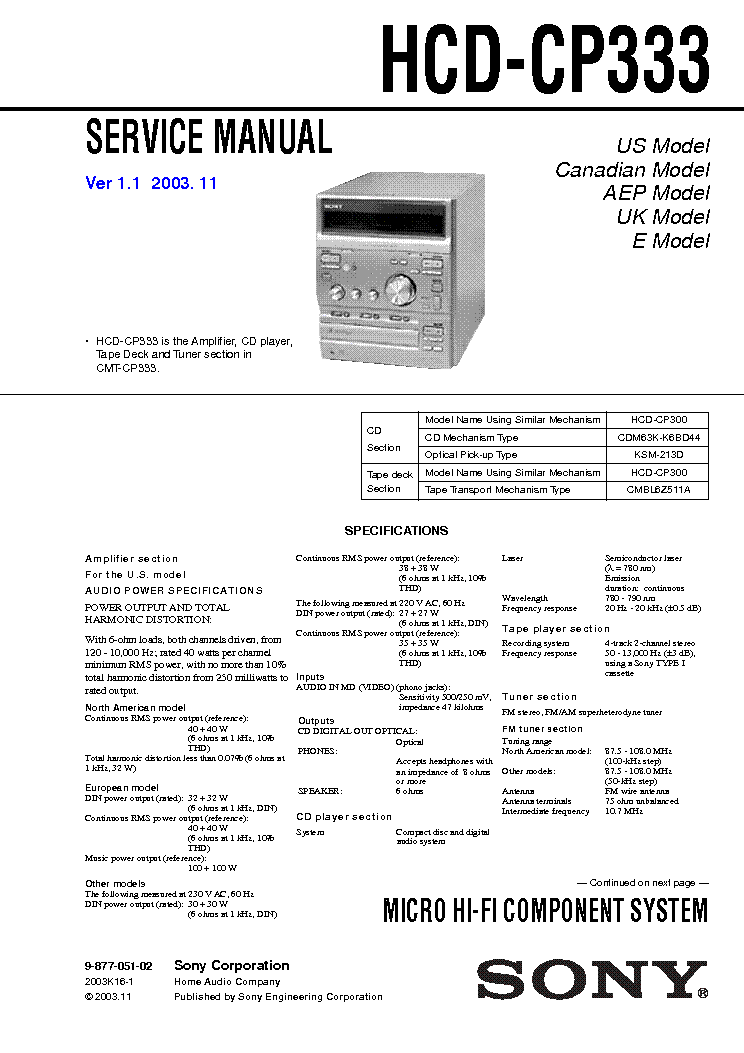 SONY HCD-CP333 VER1.1 service manual (1st page)