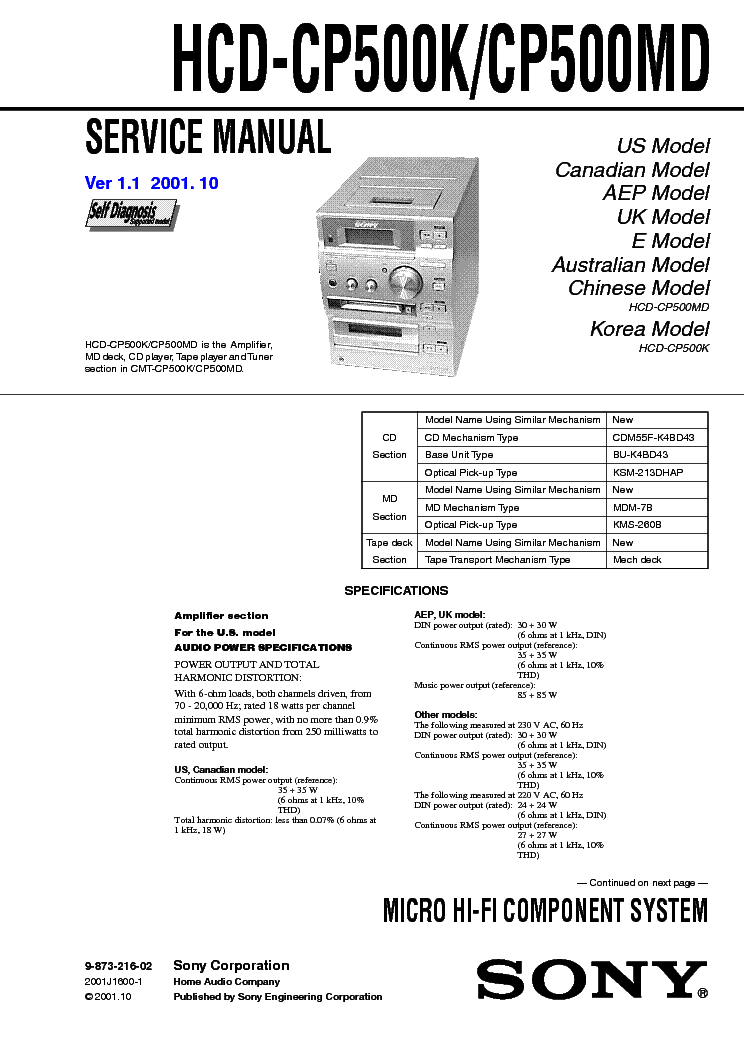 SONY HCD-CP500K CP500MD service manual (1st page)