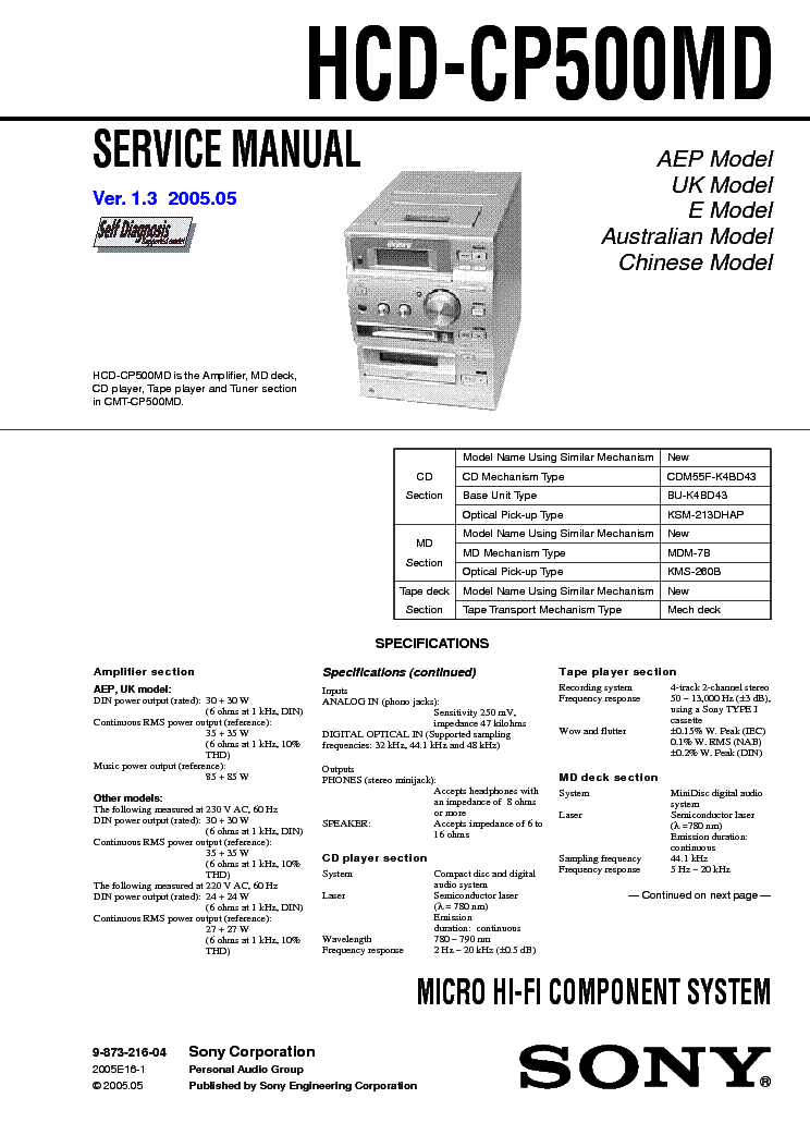 SONY HCD-CP500MD VER1.3 service manual (1st page)