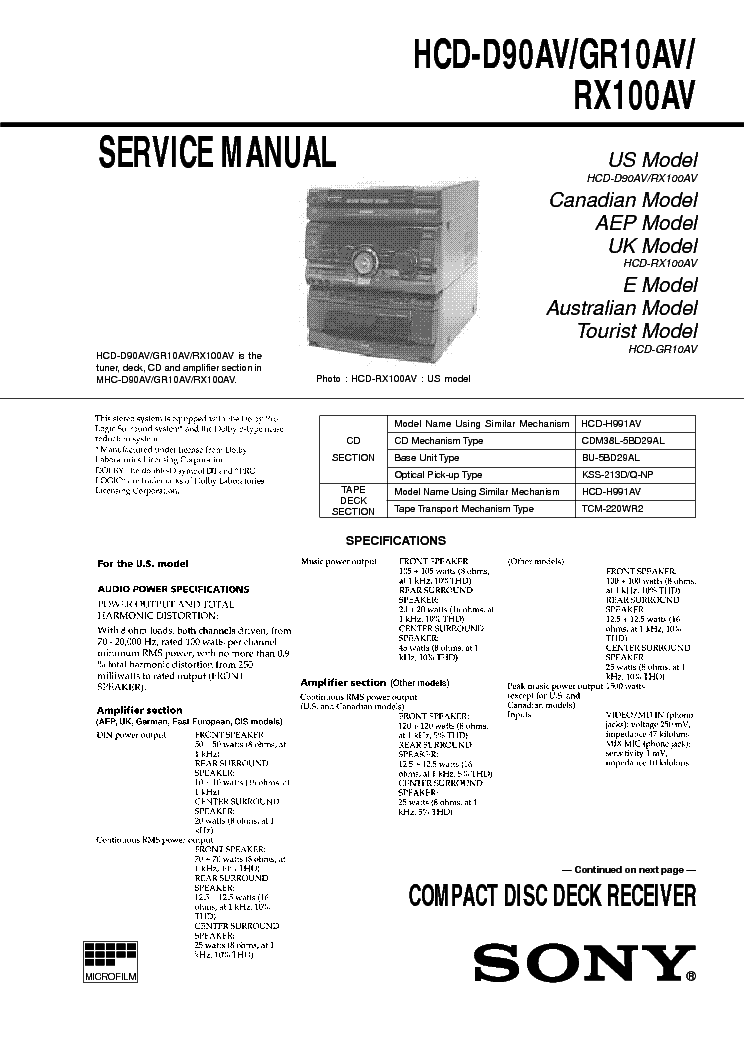SONY HCD-D90AV,GR10AV,RX100AV service manual (1st page)