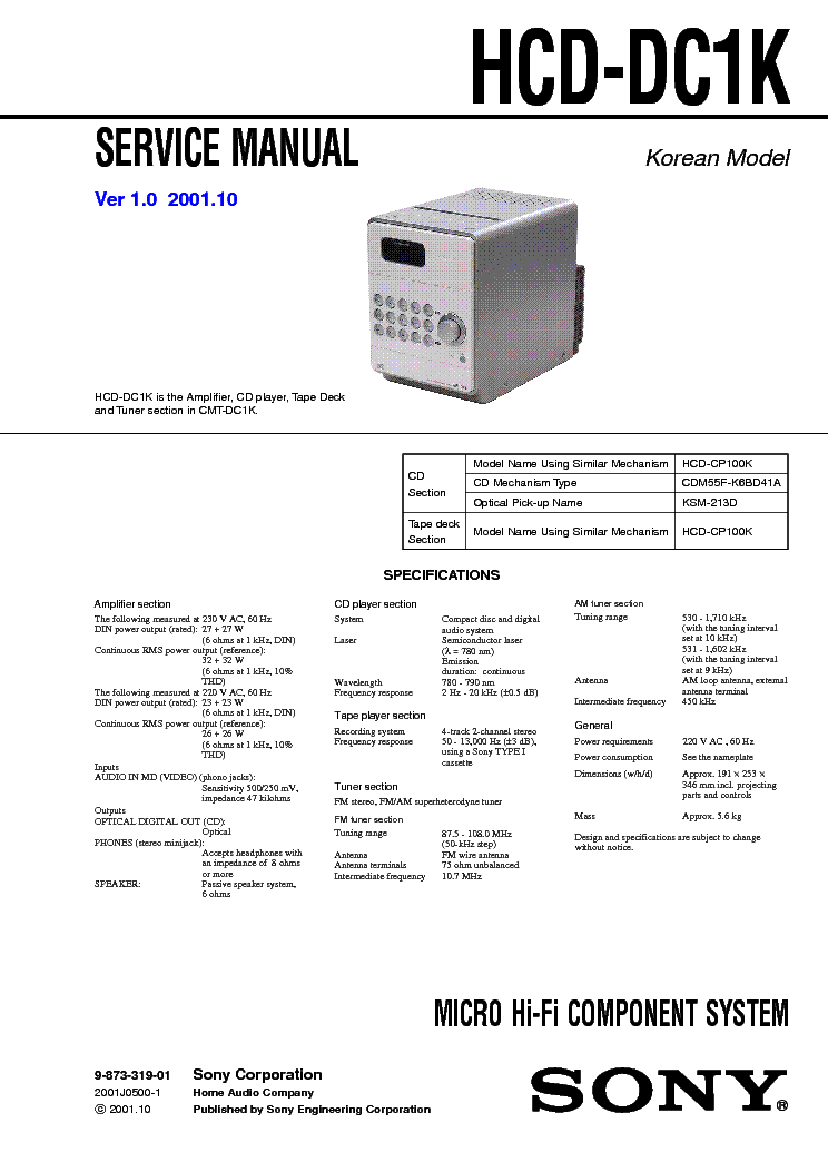 SONY HCD-DC1 VER-1.0 SM service manual (1st page)
