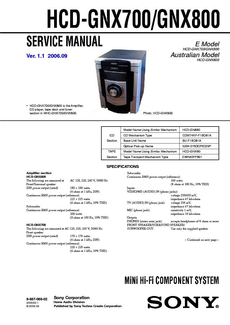 SONY HCD-GNX700 GNX800 service manual (1st page)