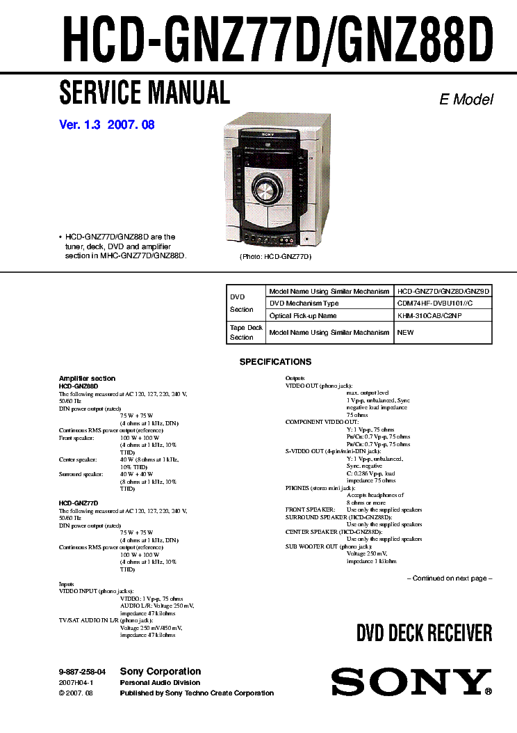 SONY HCD-GNZ77D HCD-GNZ88D VER.1.3 FULL service manual