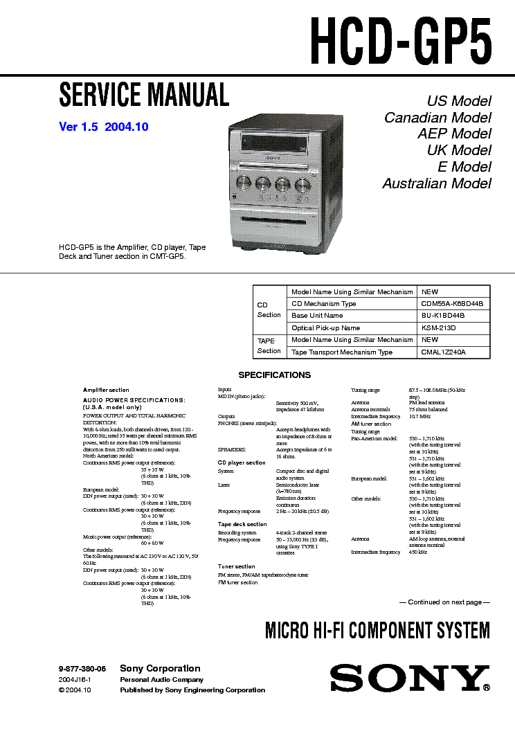 SONY HCD-GP5 VER1.5 service manual (1st page)