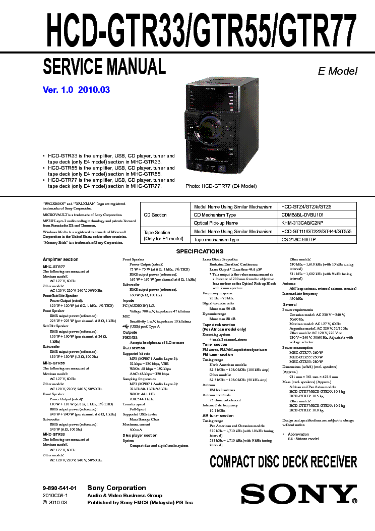 SONY HCD-GTR33 HCD-GTR55 HCD-GTR77 VER1.0 service manual (1st page)