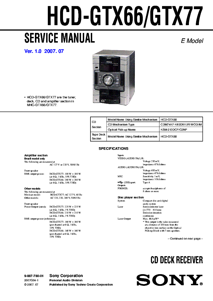 SONY HCD-GTX66 HCD-GTX77 VER.1.0 service manual (1st page)