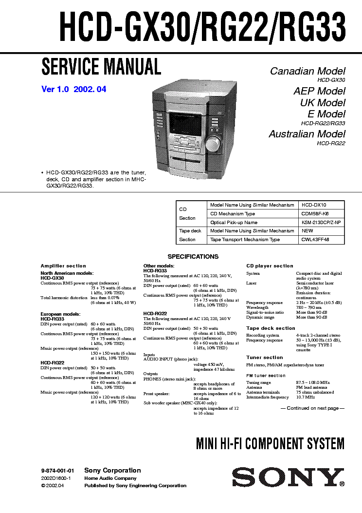 SONY HCD-GX30 RG22 RG33 VER-1.0 service manual (1st page)