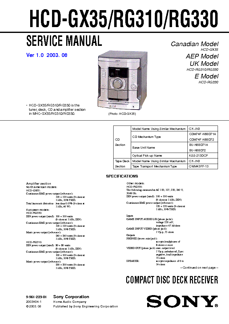 SONY HCD-GX35 RG310 RG330 VER1.0 SM service manual (1st page)