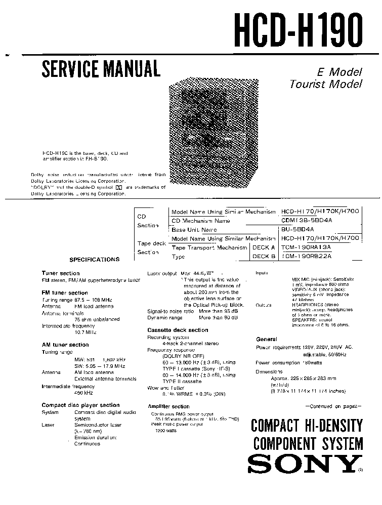SONY HCD-H190 service manual (1st page)