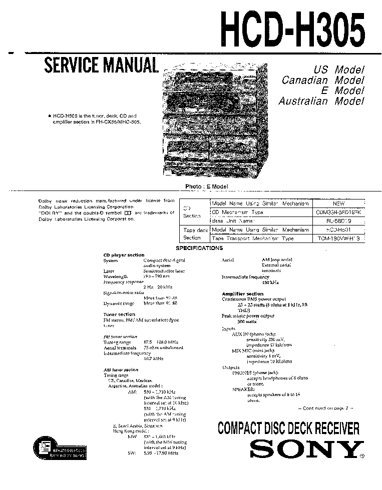 SONY HCD-H305 SM service manual (1st page)
