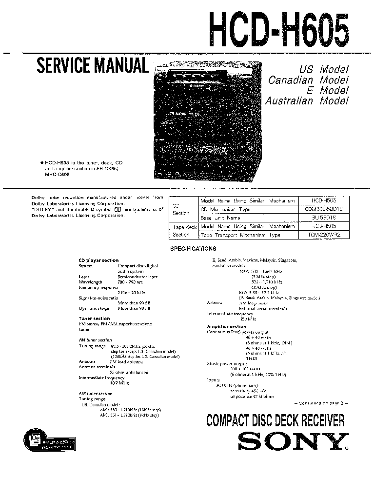 SONY HCD-H605 SM service manual