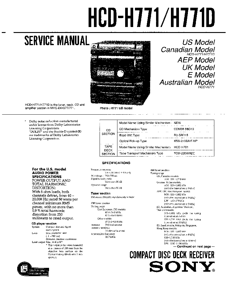 SONY HCD-H771 HCD-H771D FULL service manual (1st page)