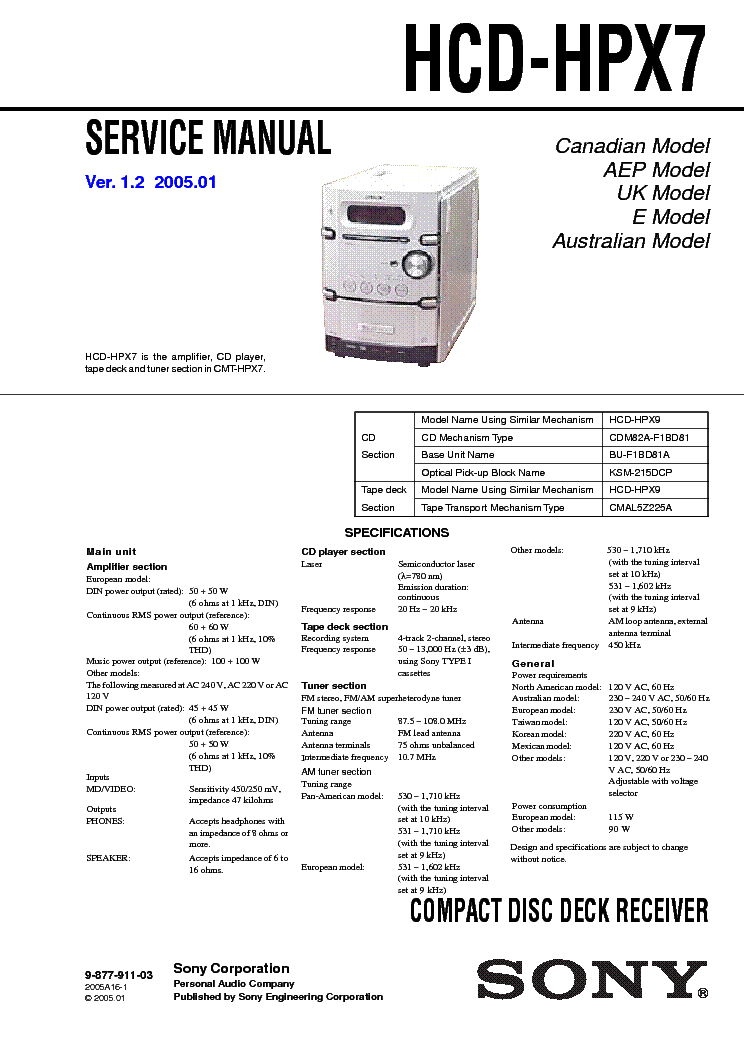 SONY HCD-HPX7 VER-1.2 SM service manual (1st page)