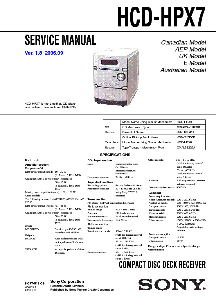 SONY HCD-HPX7 VER-1.8 SM service manual (1st page)