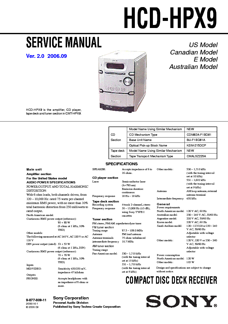 SONY HCD-HPX9 service manual (1st page)