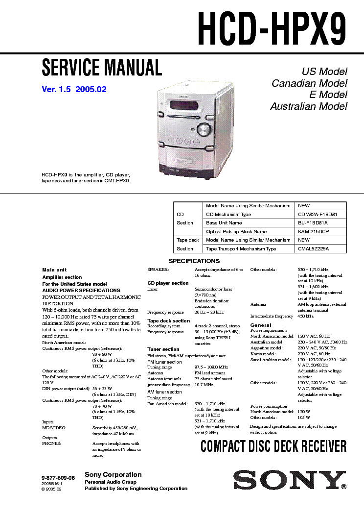 SONY HCD-HPX9 VER1.5 service manual (1st page)