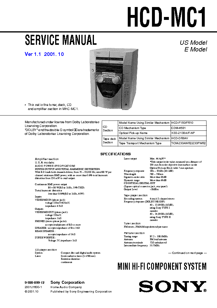 SONY HCD-MC1 VER1.1 service manual (1st page)