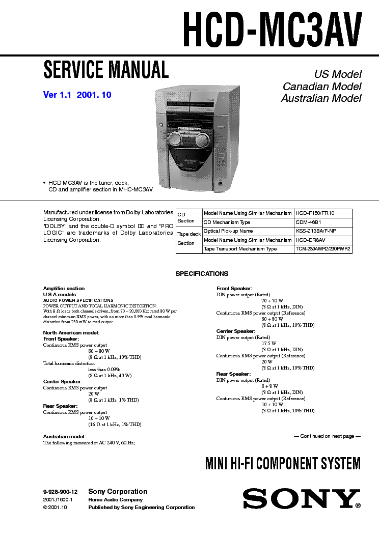 SONY HCD-MC3AV VER1.1 service manual (1st page)