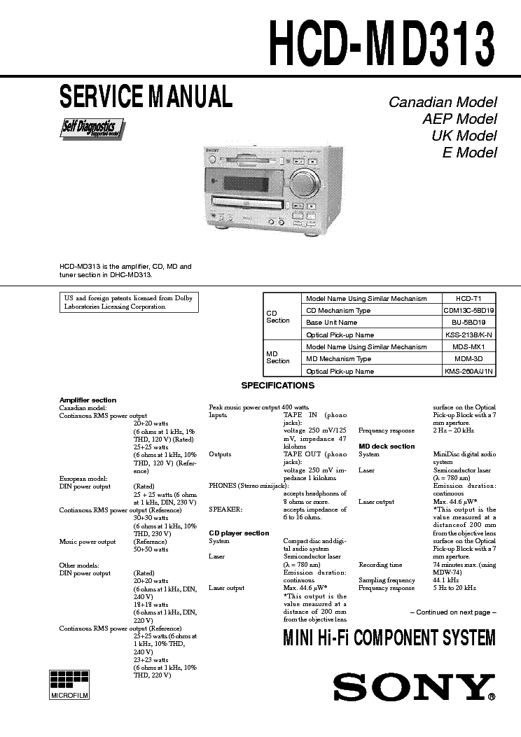 SONY HCD-MD313 SM 1 service manual (1st page)