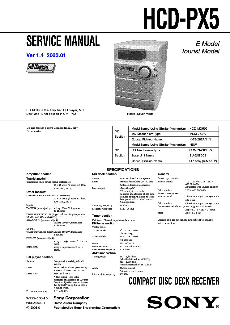 SONY HCD-PX5 VER1.4 service manual (1st page)