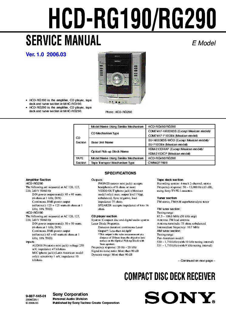 SONY HCD-RG190 HCD-RG290 VER.1.0 service manual (1st page)