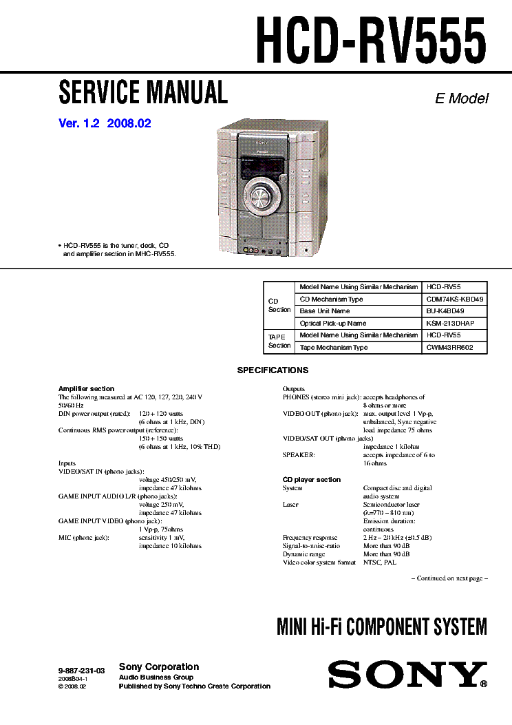 SONY HCD-RV555 VER.1.2 service manual