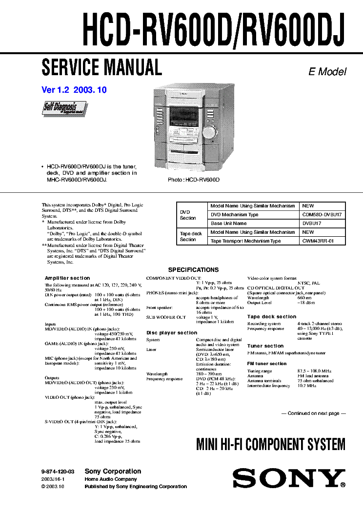 SONY HCD-RV600D RV600DJ VER.1.2 service manual (1st page)