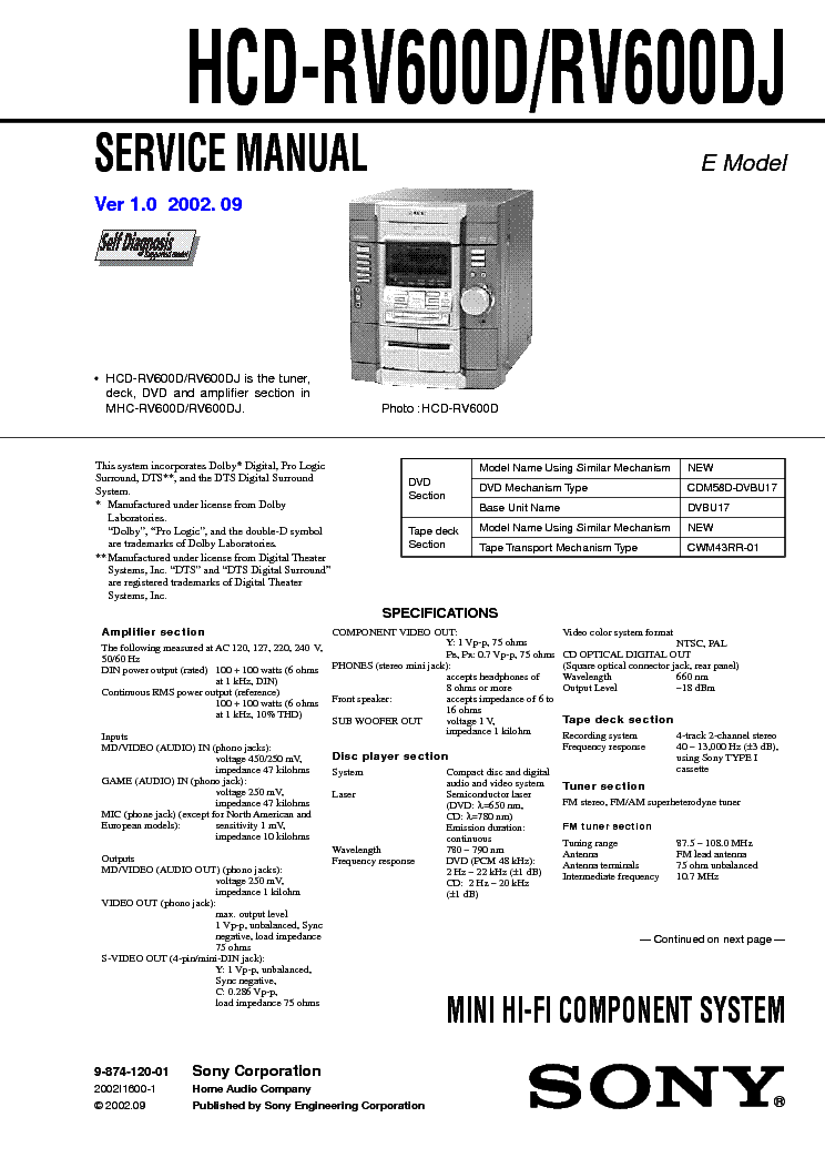 SONY HCD-RV600D RV600DJ VER1.0 service manual (1st page)
