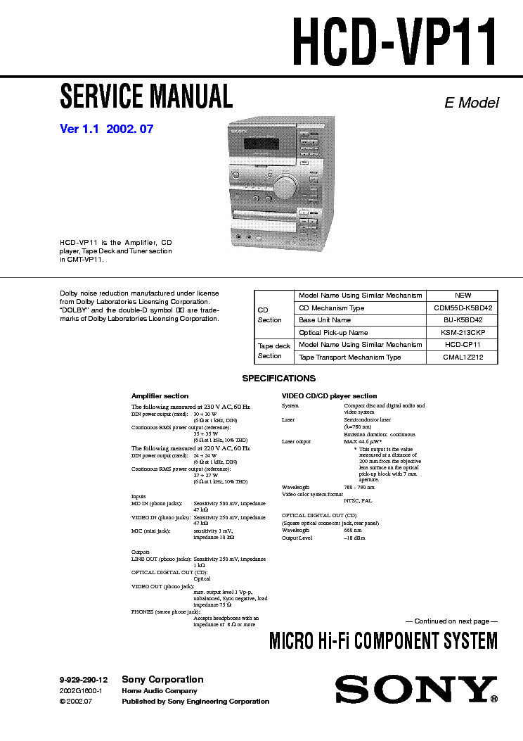 SONY HCD-VP11 VER1.1 service manual (1st page)