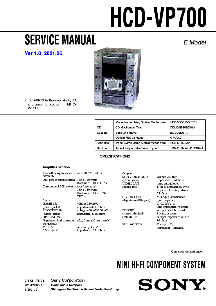 SONY HCD-VP700 service manual (1st page)
