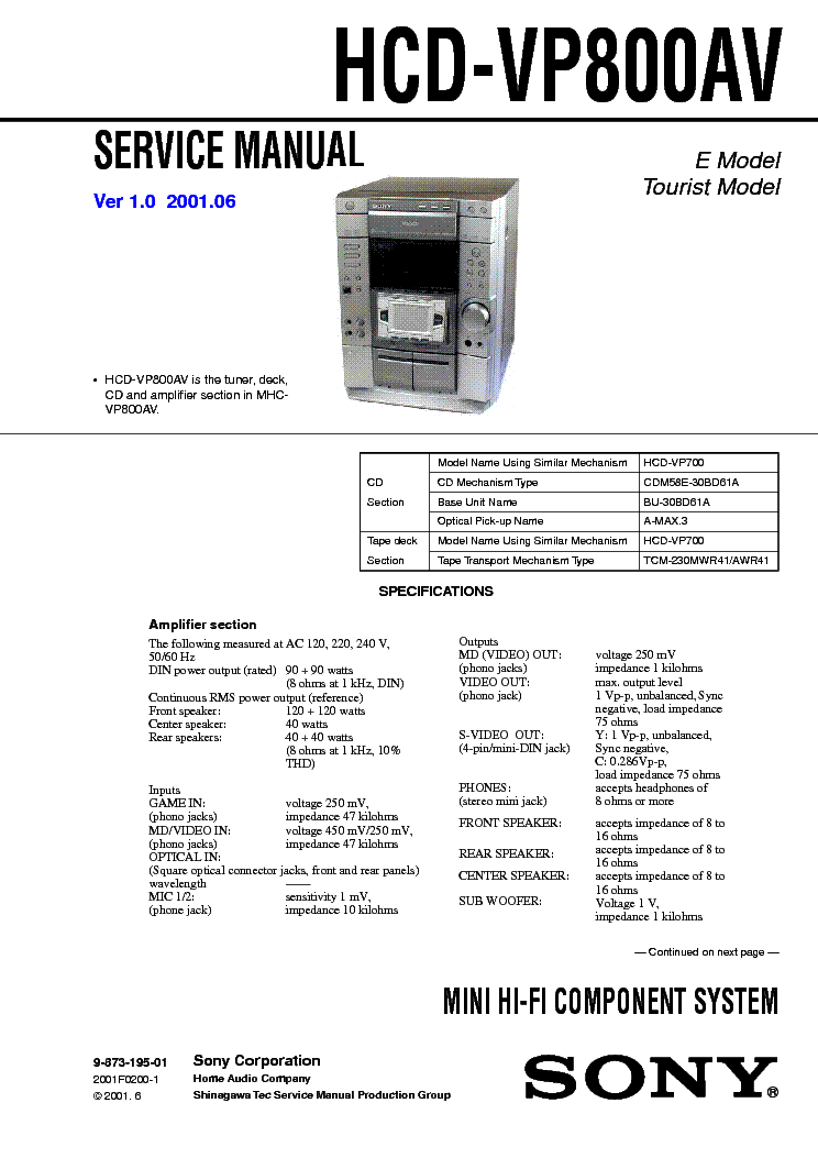 SONY HCD-VP800AV VER-1.0 SM service manual (1st page)
